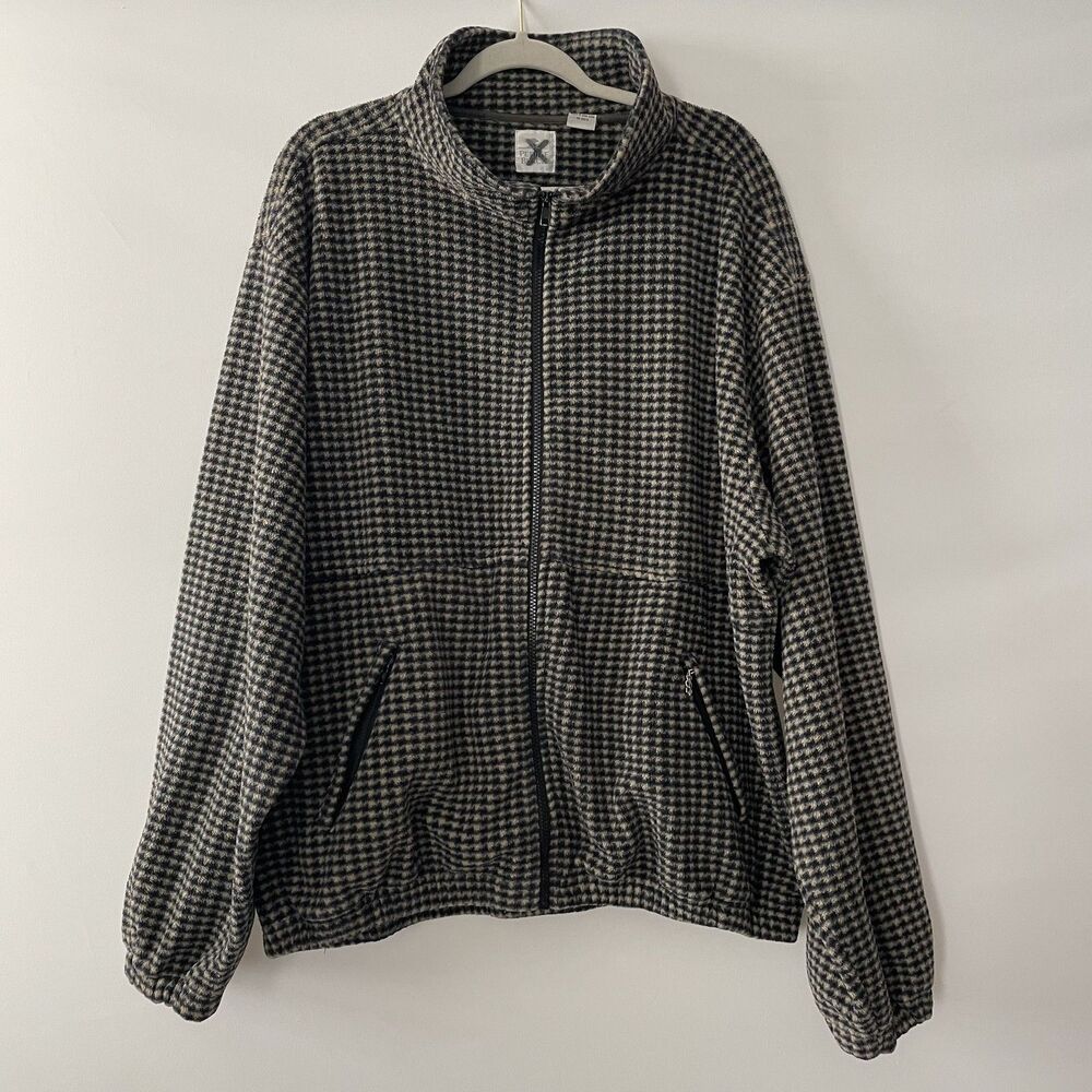 Y2K Pebble Beach Fleece Jacket Full Zip Mock Neck Houndstooth Size XL